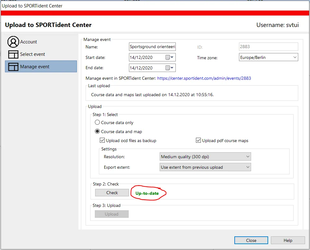 OCAD upload to SPORTident Center: Manage event and upload